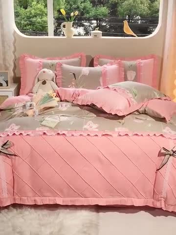 91家纺网 家纺一手货源 找家纺 靓生活 2023新款贡棉浪漫花边印花四件套 旋风记忆-温情咖