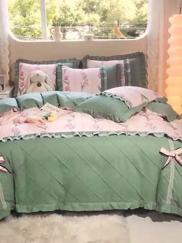 91家纺网 家纺一手货源 找家纺 靓生活 2023新款贡棉浪漫花边印花四件套 泫雅-樱桃粉