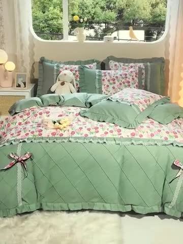 91家纺网 家纺一手货源 找家纺 靓生活 2023新款贡棉浪漫花边印花四件套 郁金小兔-粉玉