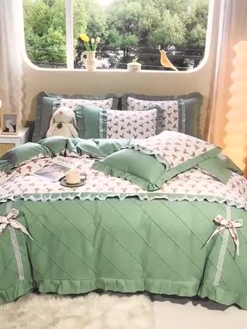 91家纺网 家纺一手货源 找家纺 靓生活 2023新款贡棉浪漫花边印花四件套 妆立春风-米