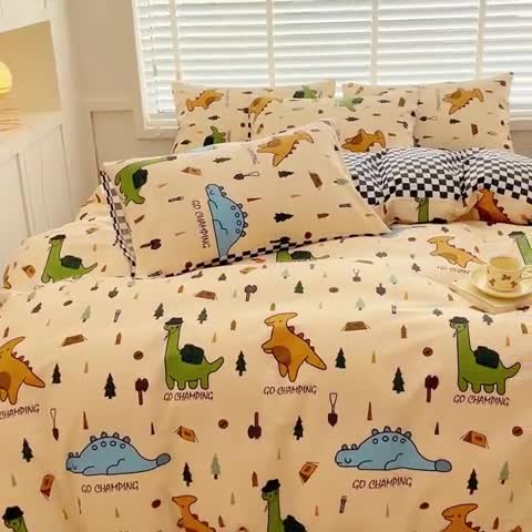 91家纺网 家纺一手货源 找家纺 金丝鸟 2023新款全棉可爱卡通印花小清新四件套-第一批 侏罗纪 黑格