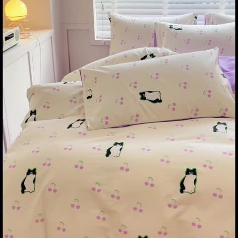 91家纺网 家纺一手货源 找家纺 金丝鸟 2023新款全棉可爱卡通印花小清新四件套-第一批 樱桃布偶猫