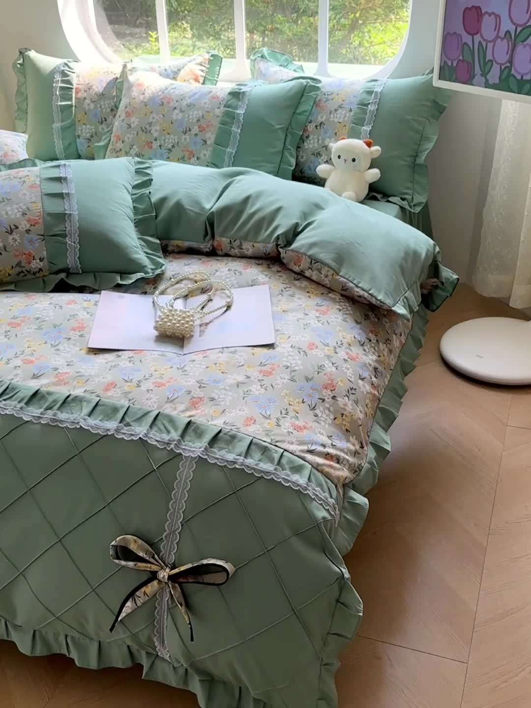 91家纺网 家纺一手货源 找家纺 金米诺 2024新款蝴蝶结韩版蕾丝花边床裙四件套 香草集-灰绿