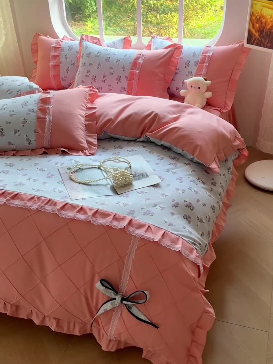 91家纺网 家纺一手货源 找家纺 金米诺 2024新款蝴蝶结韩版蕾丝花边床裙四件套 锦香婷-沁蓝