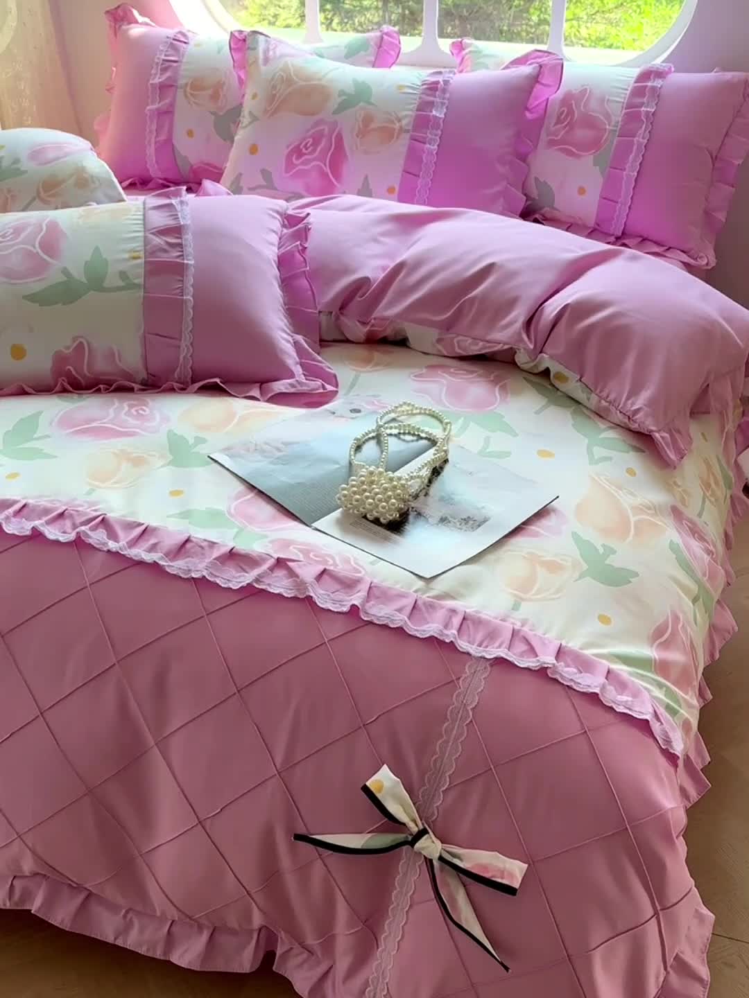 91家纺网 家纺一手货源 找家纺 金米诺 2024新款蝴蝶结韩版蕾丝花边床裙四件套 郁金花开-玫瑰粉