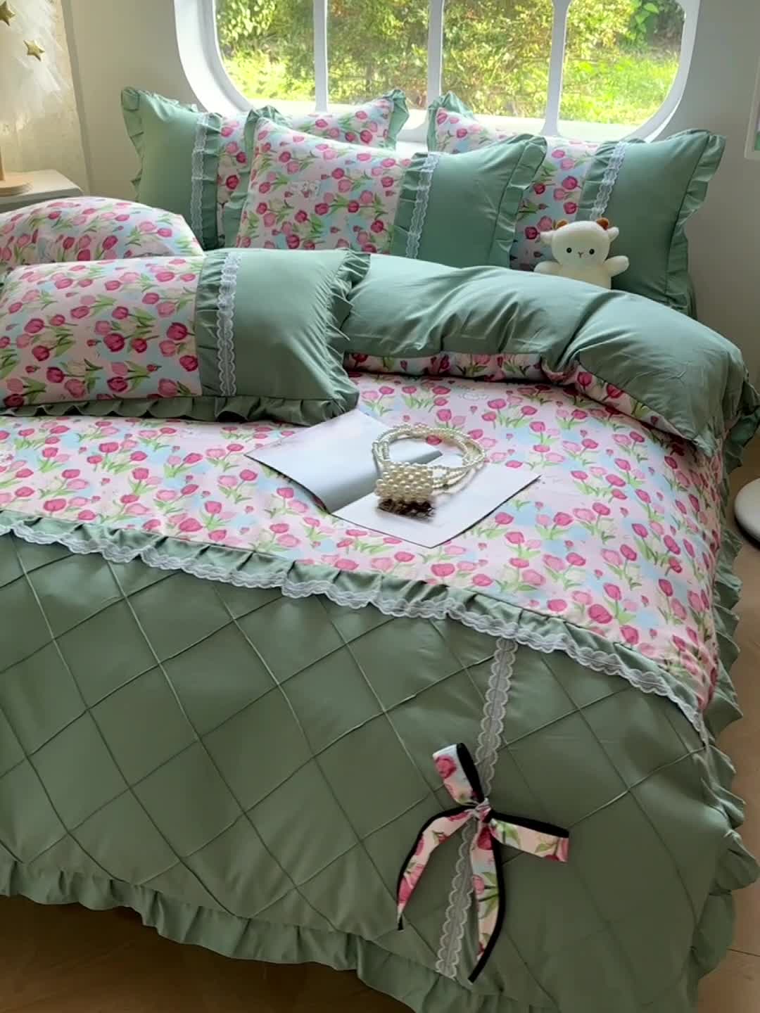 91家纺网 家纺一手货源 找家纺 金米诺 2024新款蝴蝶结韩版蕾丝花边床裙四件套 郁金小兔-粉玉