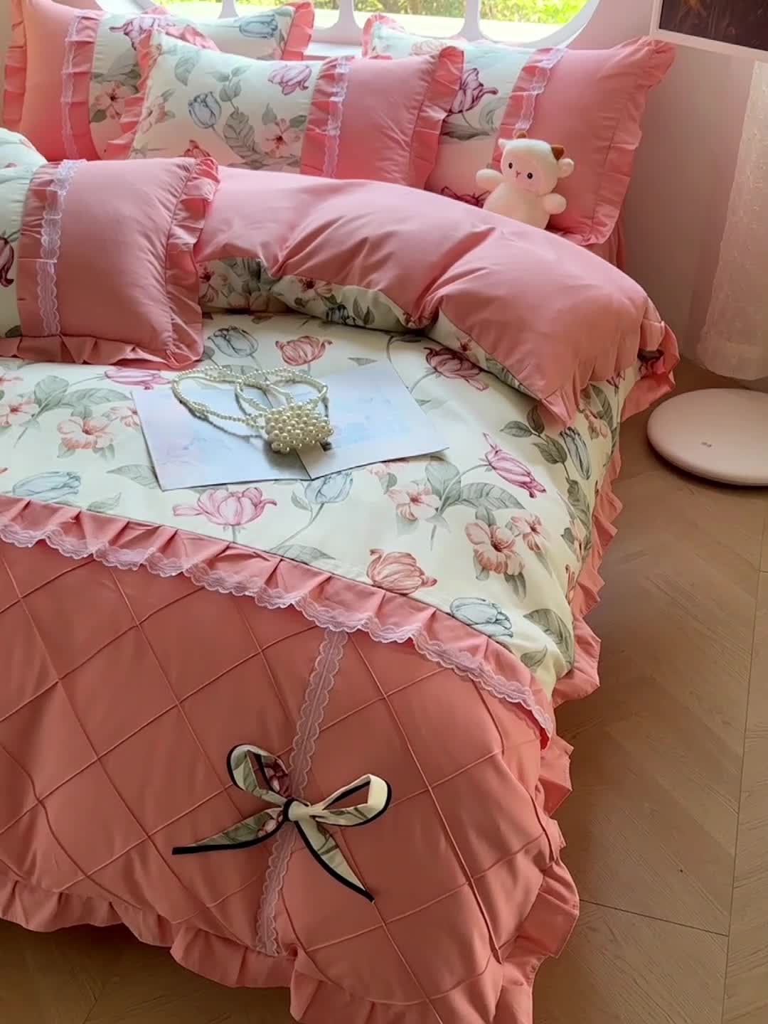 91家纺网 家纺一手货源 找家纺 金米诺 2024新款蝴蝶结韩版蕾丝花边床裙四件套 蔷薇岛屿-阳光米