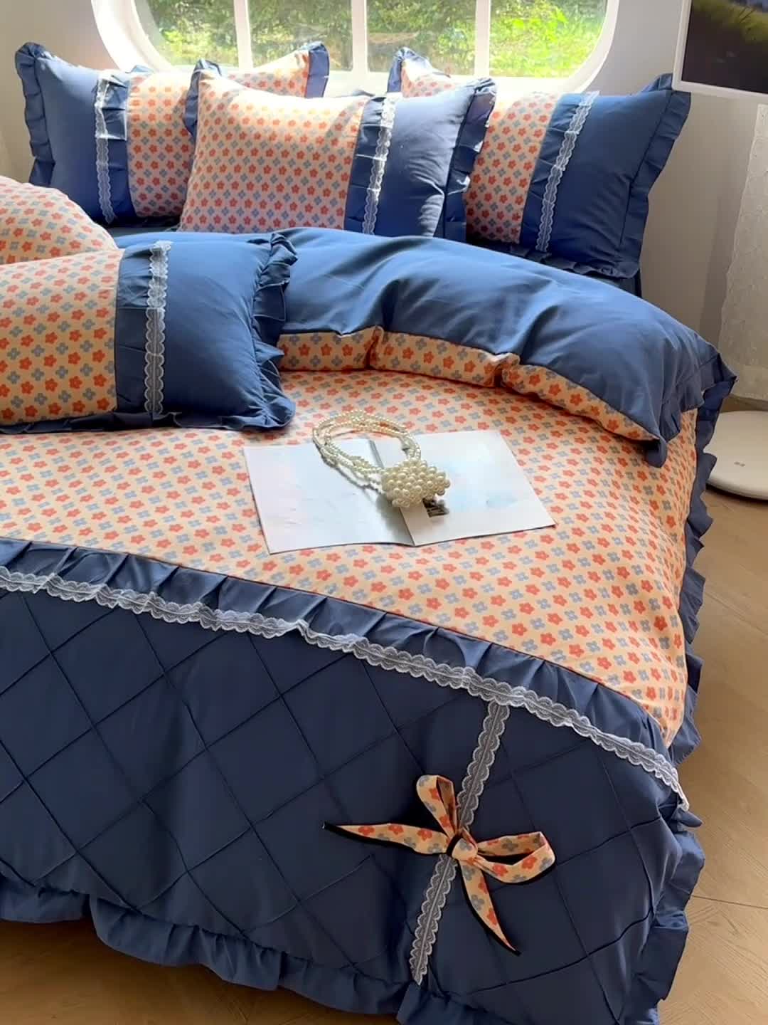 91家纺网 家纺一手货源 找家纺 金米诺 2024新款蝴蝶结韩版蕾丝花边床裙四件套 蒙德里安-香桔