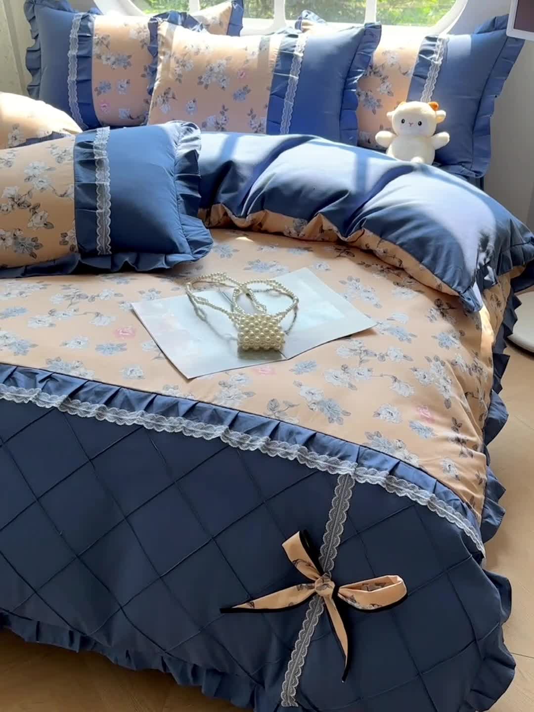 91家纺网 家纺一手货源 找家纺 金米诺 2024新款蝴蝶结韩版蕾丝花边床裙四件套 莫颜-浅驼