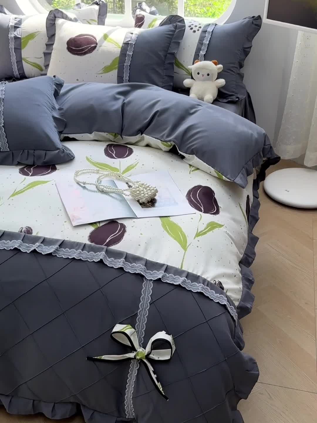 91家纺网 家纺一手货源 找家纺 金米诺 2024新款蝴蝶结韩版蕾丝花边床裙四件套 花暖迎春-米