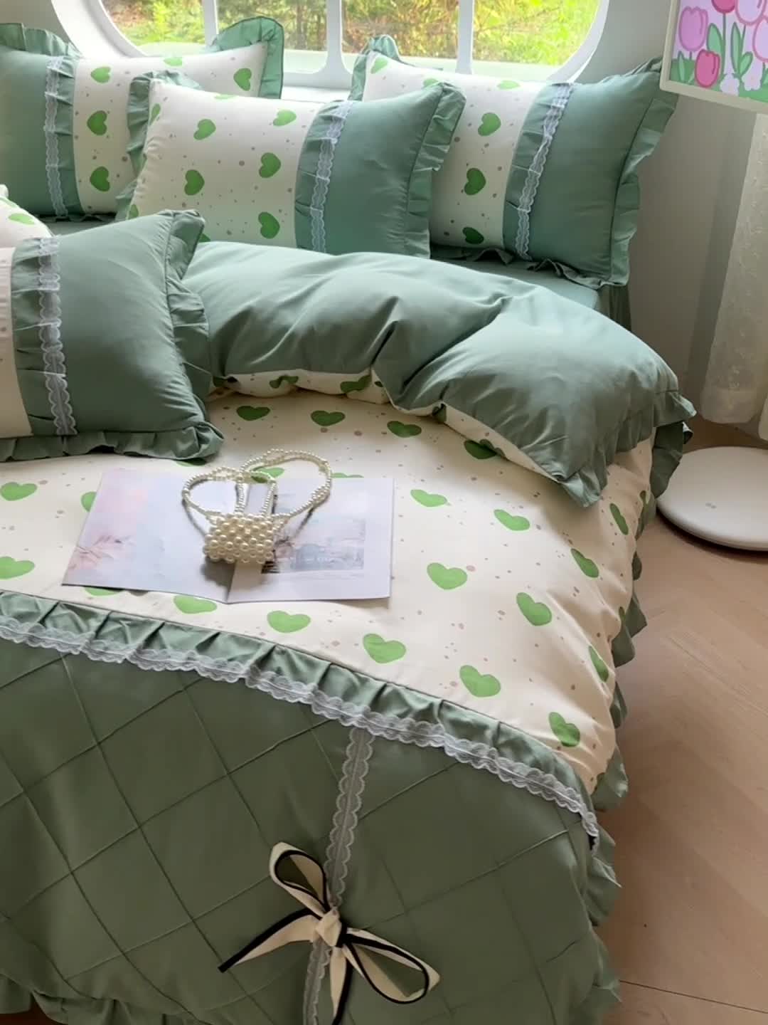 91家纺网 家纺一手货源 找家纺 金米诺 2024新款蝴蝶结韩版蕾丝花边床裙四件套 米可-苹果绿