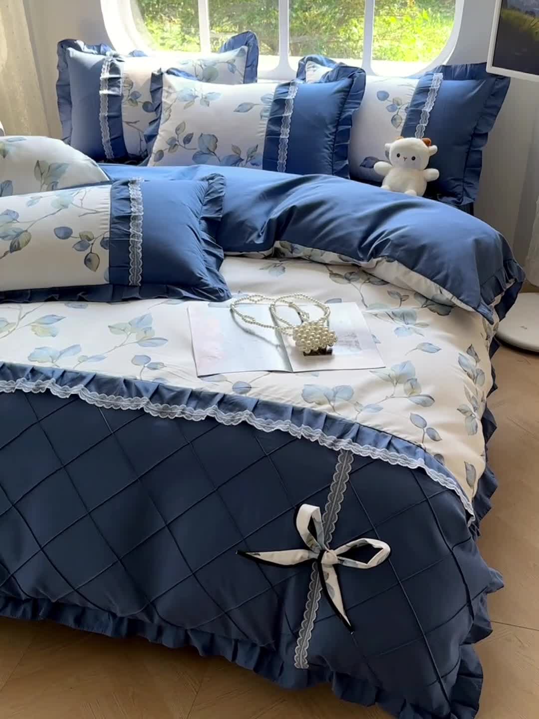 91家纺网 家纺一手货源 找家纺 金米诺 2024新款蝴蝶结韩版蕾丝花边床裙四件套 澜叶-珍珠白