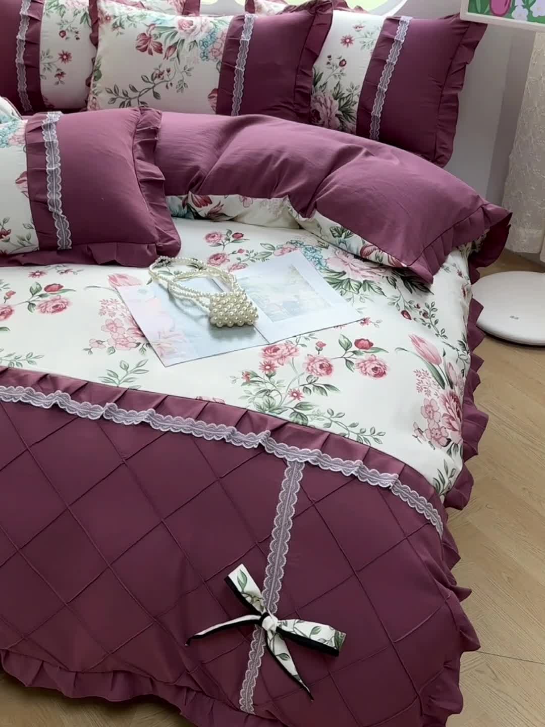 91家纺网 家纺一手货源 找家纺 金米诺 2024新款蝴蝶结韩版蕾丝花边床裙四件套 满园春色-清新白