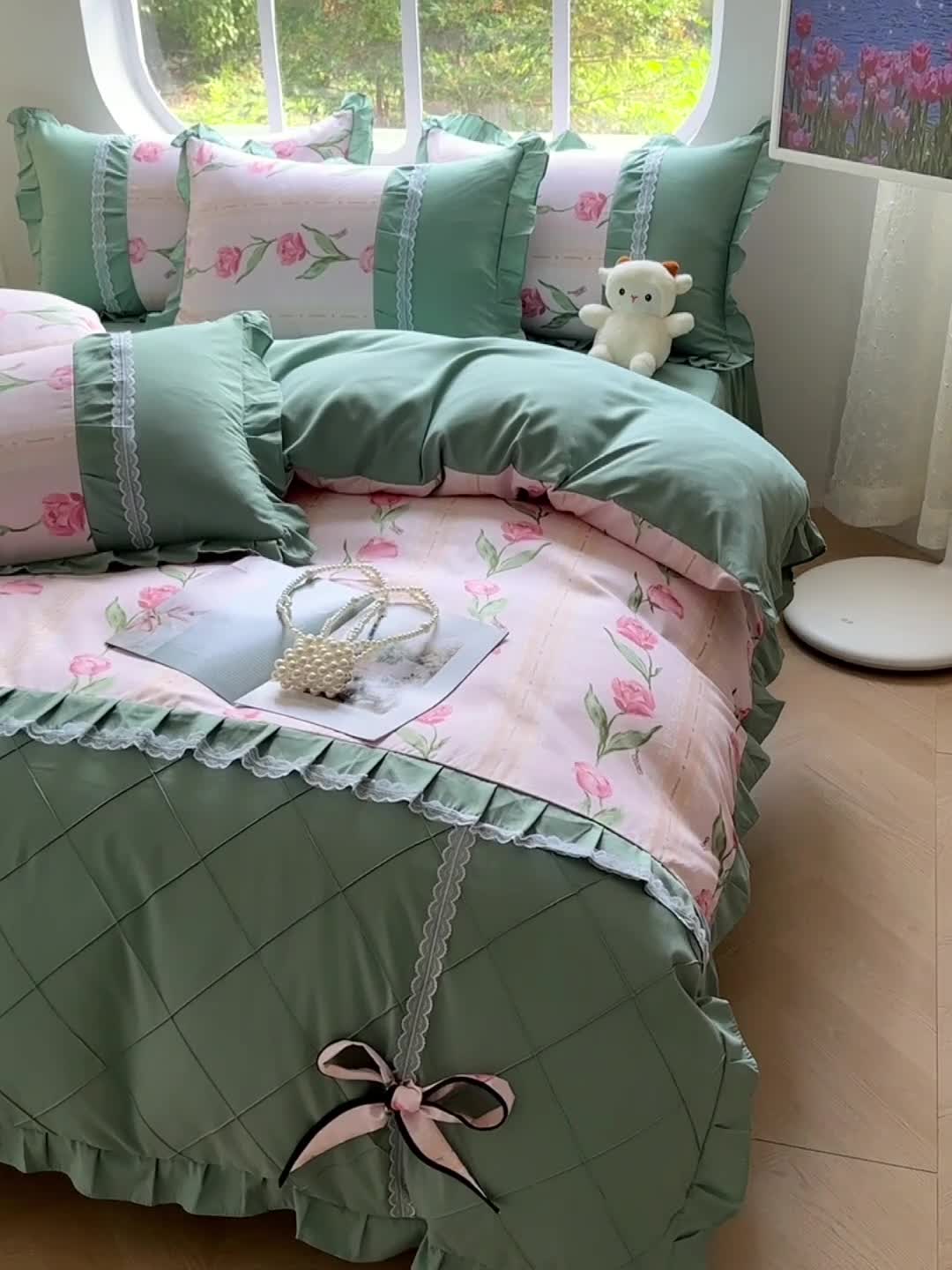 91家纺网 家纺一手货源 找家纺 金米诺 2024新款蝴蝶结韩版蕾丝花边床裙四件套 泫雅-樱桃粉