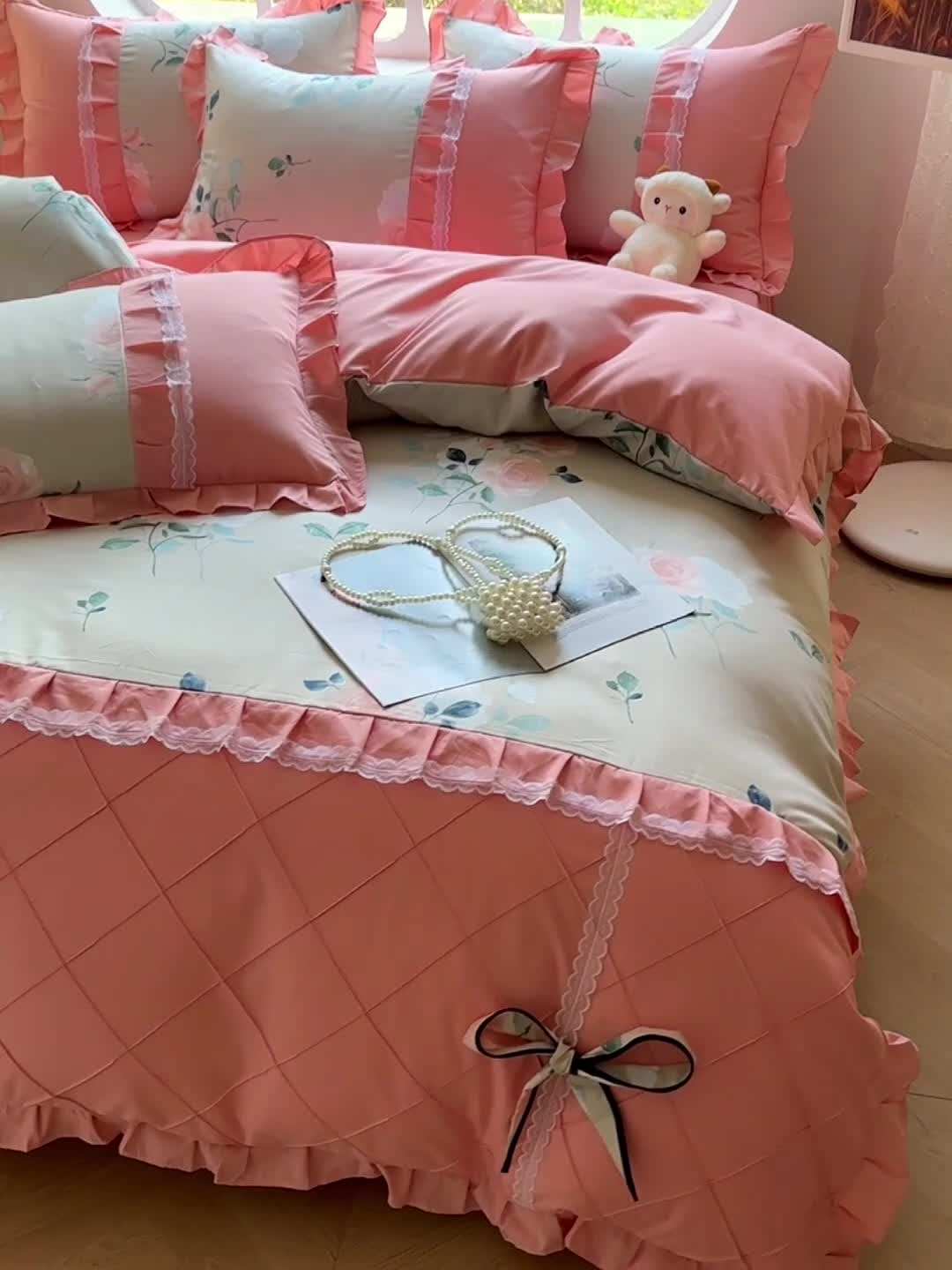 91家纺网 家纺一手货源 找家纺 金米诺 2024新款蝴蝶结韩版蕾丝花边床裙四件套 洛阳花开-米驼