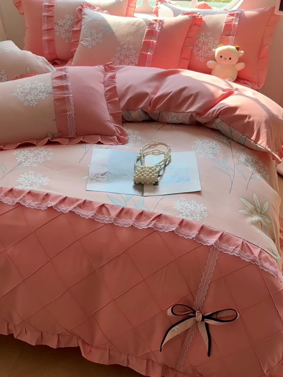 91家纺网 家纺一手货源 找家纺 金米诺 2024新款蝴蝶结韩版蕾丝花边床裙四件套 沐辰花开-芙蓉玉