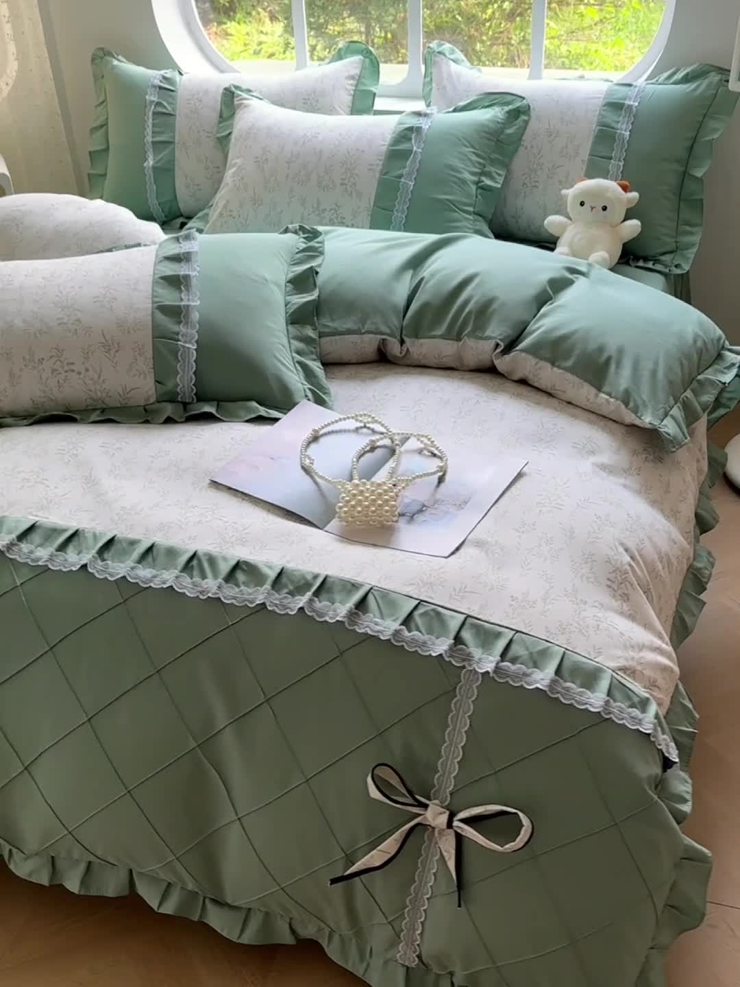 91家纺网 家纺一手货源 找家纺 金米诺 2024新款蝴蝶结韩版蕾丝花边床裙四件套 悠悠香草-米杏