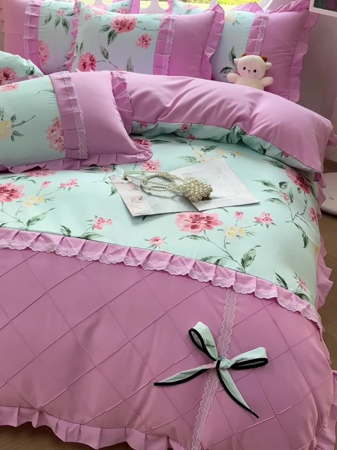 91家纺网 家纺一手货源 找家纺 金米诺 2024新款蝴蝶结韩版蕾丝花边床裙四件套 思郁法情-浅蓝