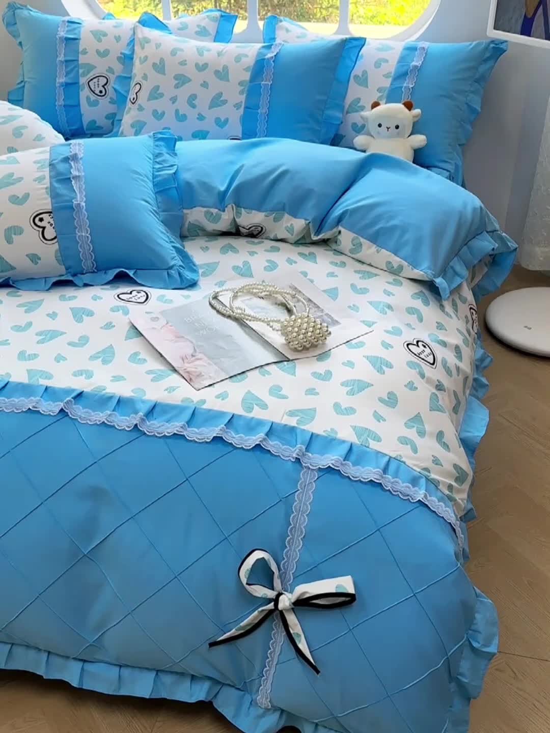 91家纺网 家纺一手货源 找家纺 金米诺 2024新款蝴蝶结韩版蕾丝花边床裙四件套 卡萌-钛白