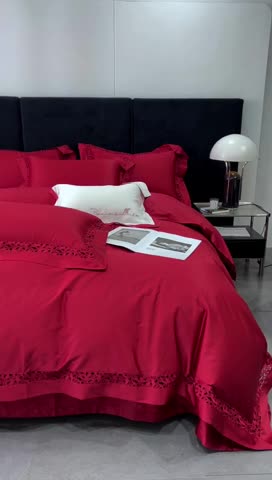 91家纺网 家纺一手货源 找家纺 （总）榻尚家居2024款纯棉镂空贡缎婚庆蕾丝款四件套(会员-20)