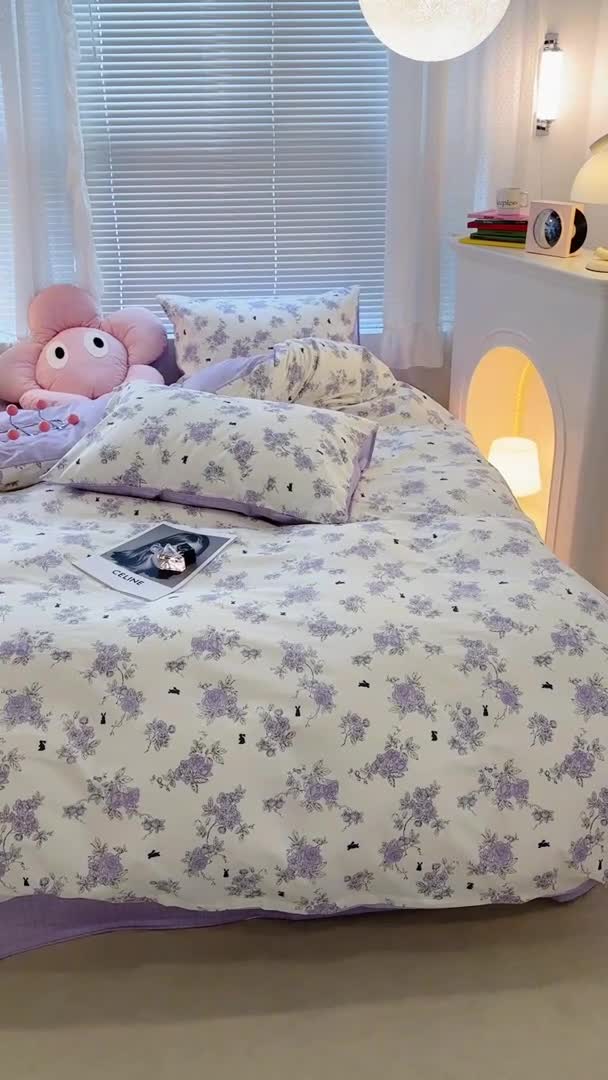 91家纺网 家纺一手货源 找家纺 昔可 2023新款全棉卡通狗狗四件套 紫藤花