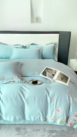 91家纺网 家纺一手货源 找家纺 宅家居 2024轻奢小香风双面纯棉长绒棉四件套香奈百合-繁星蓝