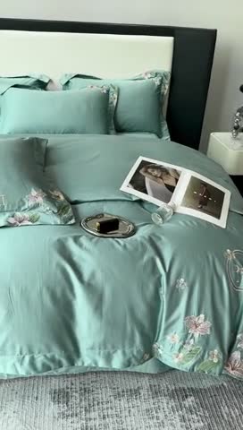 91家纺网 家纺一手货源 找家纺 宅家居 2024轻奢小香风双面纯棉长绒棉四件套香奈百合-松石绿