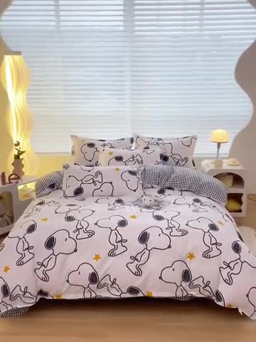 91家纺网 家纺一手货源 找家纺 楠沐 2025年新款亲肤水洗棉磨毛单被套 快乐史努比-白