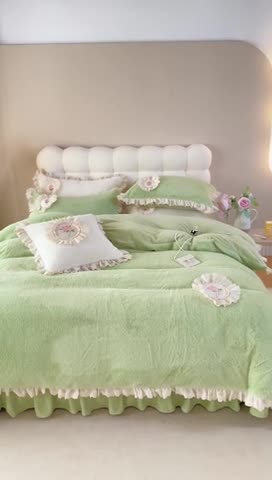 91家纺网 家纺一手货源 找家纺 胜权 新款AB版仿兔绒牛奶绒加厚韩国绒刺绣夹棉床盖四件套 抹茶绿