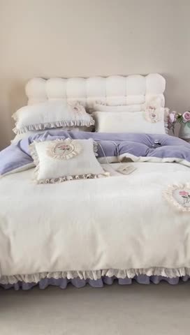 91家纺网 家纺一手货源 找家纺 胜权 新款AB版仿兔绒牛奶绒加厚韩国绒刺绣夹棉床盖四件套 花茜紫