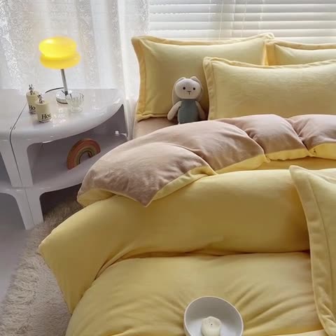 91家纺网 家纺一手货源 找家纺 慕晨 2023新款纯色牛奶绒双拼四件套 奶黄+奶咖