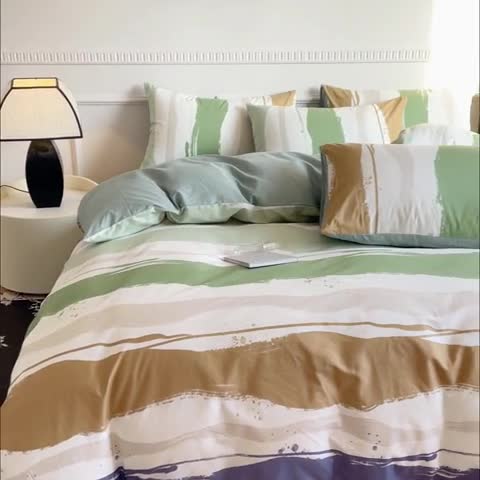 91家纺网 家纺一手货源 找家纺 金丝鸟 2023秋冬新品全棉简约条格小清新四件套 绿意