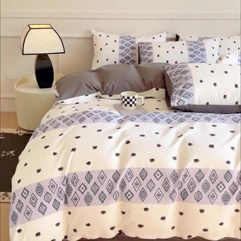 91家纺网 家纺一手货源 找家纺 金丝鸟 2023秋冬新品全棉简约条格小清新四件套 波西格纹