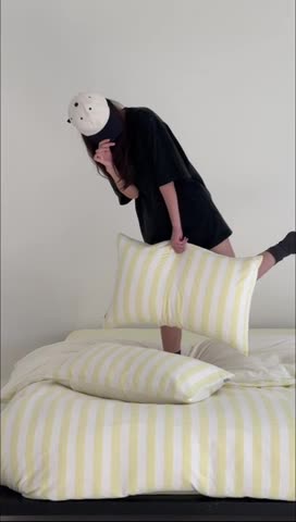 91家纺网 家纺一手货源 找家纺 玛奇朵 2023新款色织双层皱纱-韩系条纹四件套 韩系条纹-奶黄