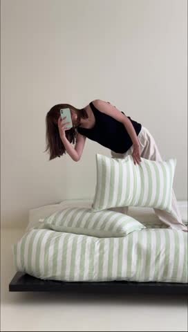 91家纺网 家纺一手货源 找家纺 玛奇朵 2023新款色织双层皱纱-韩系条纹四件套 韩系条纹-青提绿