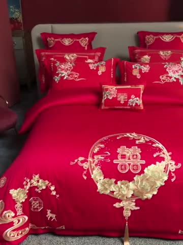 91家纺网 家纺一手货源 找家纺 （总）尹黛尔 2023新款婚庆四件套大红色刺绣可配多件套