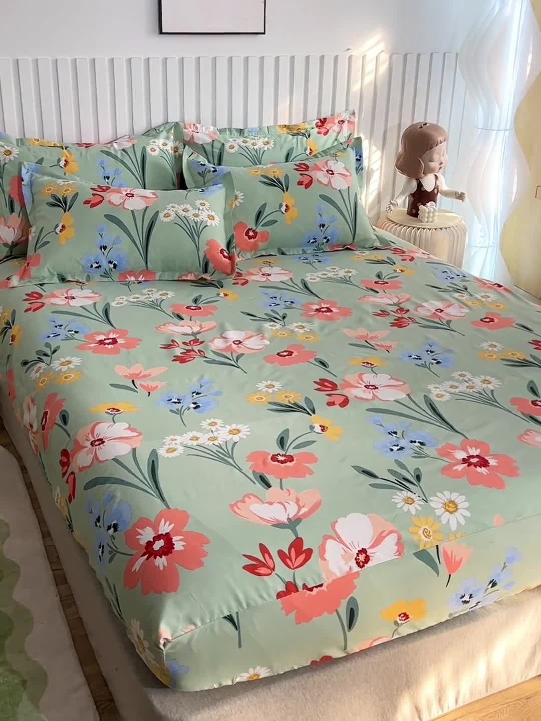 91家纺网 家纺一手货源 找家纺 小雨家纺 2026新款芦荟棉床笠 朝花夕拾绿