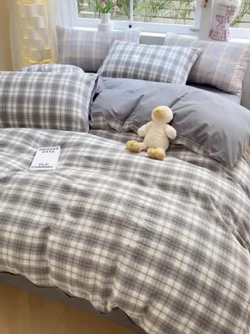 91家纺网 家纺一手货源 找家纺 雨帆家纺 2023新款良品简约亲肤水洗棉印花四件套 良品灰格子