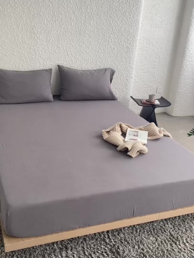 91家纺网 家纺一手货源 找家纺 安莱生活 2024新款绉纱美拉德色纯色单品床笠 水泥