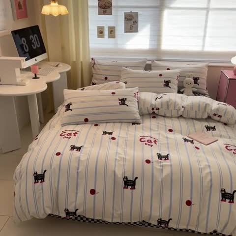 91家纺网 家纺一手货源 找家纺 桃子家居 2024新款纯棉13372粉梦可爱小清新卡通系列四件套 棉-法斗伙伴