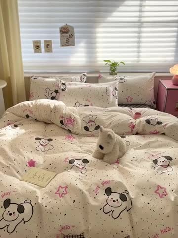 91家纺网 家纺一手货源 找家纺 桃子家居 2024新款纯棉13372粉梦可爱小清新卡通系列四件套 棉-粉萌小狗