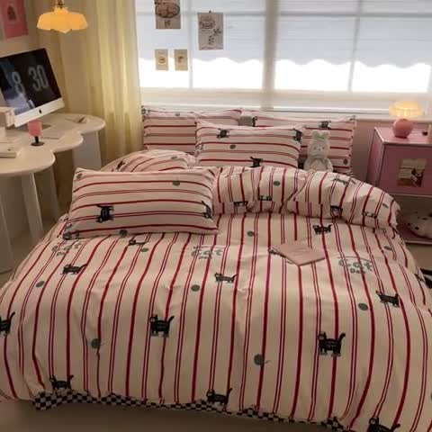 91家纺网 家纺一手货源 找家纺 桃子家居 2024新款纯棉13372粉梦可爱小清新卡通系列四件套 棉-红小猫