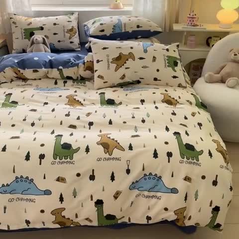 91家纺网 家纺一手货源 找家纺 桃子家居 2024新款纯棉13372粉梦可爱小清新卡通系列四件套 棉-恐龙多多