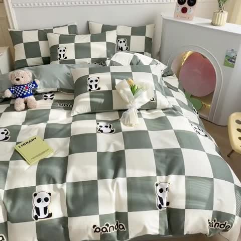 91家纺网 家纺一手货源 找家纺 简宜家居 2025新款40支13070纯棉花卉系列四件套 格子熊猫