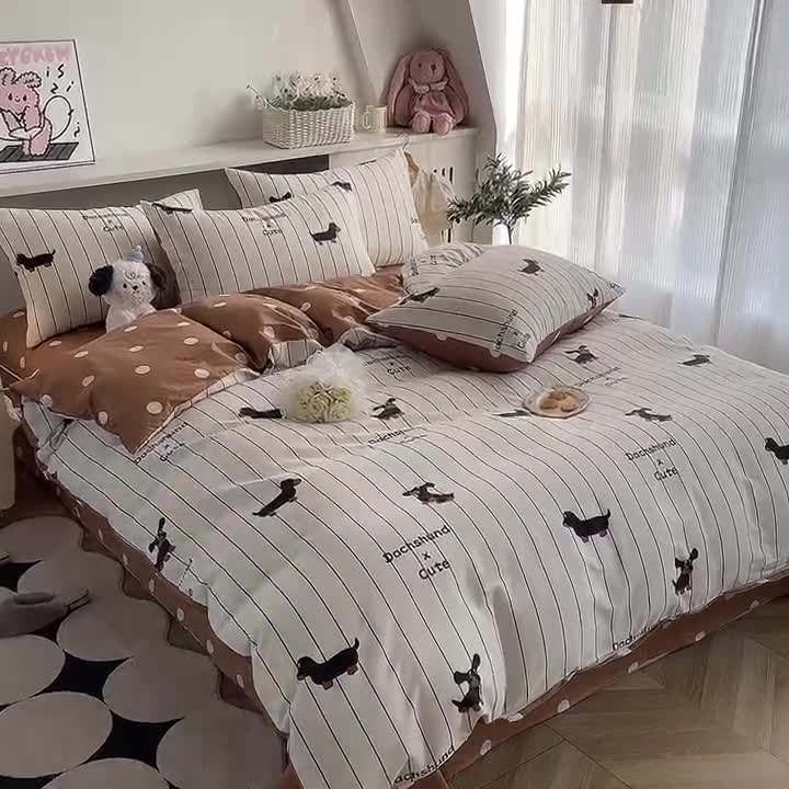 91家纺网 家纺一手货源 找家纺 简宜家居 2025新款40支13070纯棉卡通系列四件套 呆萌腊肠