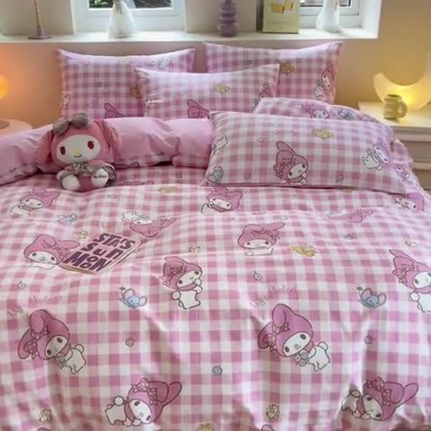 91家纺网 家纺一手货源 找家纺 曼之夏 2024新款全棉三丽鸥卡通单被套 粉格美乐蒂