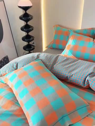 91家纺网 家纺一手货源 找家纺 三沁 2023新款AB版全棉色织水洗棉简约格子四件套梦甜大格-孔雀绿