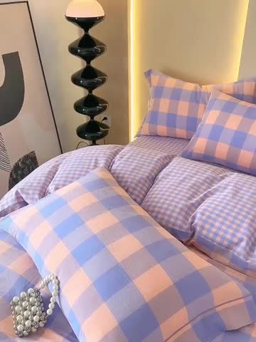 91家纺网 家纺一手货源 找家纺 三沁 2023新款AB版全棉色织水洗棉简约格子四件套 梦甜大格-香芋紫