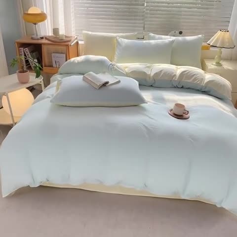 91家纺网 家纺一手货源 找家纺 雨帆家纺 2024新款简约亲肤水洗棉双拼四件套 水洗棉薄荷