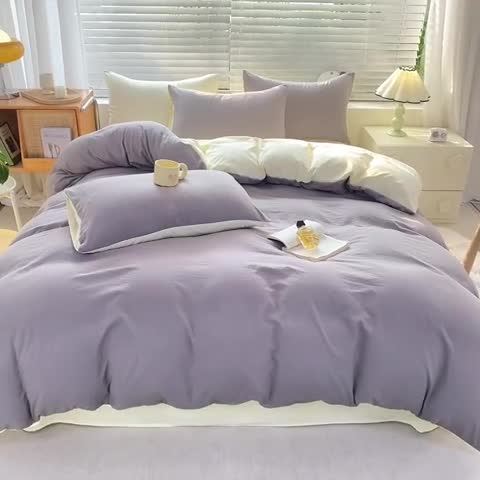 91家纺网 家纺一手货源 找家纺 雨帆家纺 2024新款简约亲肤水洗棉双拼四件套 水洗棉灰芝士